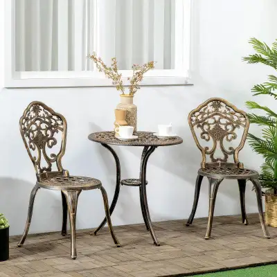 Antique 3pc Outdoor Cast Aluminum Bistro Table Chair Dining Set, Garden Patio Deck, Bronze Gold