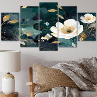Winston Porter White Teal Plants In Chaos I - Floral Canvas Art Print - 5 Panels