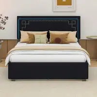 Cosmic Queen Size Upholstered Platform Bed with Rivet-decorated Headboard, LED bed frame and 4 Drawers