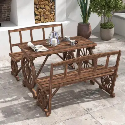 3pc Rustic Farmhouse Wheel Wooden Outdoor Dining Table & Bench Patio Set, Stained Pine, Brown