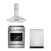 Cosmo 3 Piece Kitchen Package With 30" Freestanding Gas Range 30" Wall Mount Range Hood 24" Built-in Fully Integrated Di