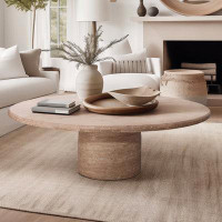 Foundry Select ELEVARRE's Elegant 47" Winston Round Modern Coffee Table, Designed With Travertine And MDF