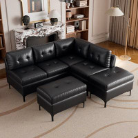 Brayden Studio L-Shaped PU Leather Sectional Sofa with Movable Storage Ottomans