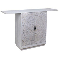 Bungalow Rose 67 Lace Carved White Wash Home Bar Accent Folding Storage Cabinet