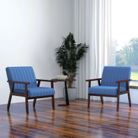 SET OF 2 ACCENT CHAIRS, MODERN UPHOLSTERED ARMCHAIRS FOR LIVING ROOM WITH WOODEN LEGS AND TUFTING DESIGN, DARK BLUE