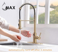 Smart Touch-Less Kitchen Faucet Pull-Out Spring Spout 20 Brushed Gold Finish