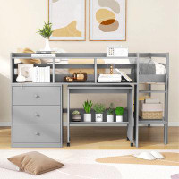 Harriet Bee Low Loft Bed with Rolling Portable Desk, Drawers and Shelves