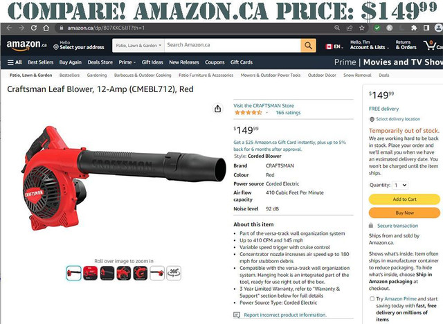 Brand New -- CRAFTSMAN 12 AMP CORDED LEAF BLOWER -- Blast Away Leaves up to 180 MPH in Lawnmowers & Leaf Blowers - Image 3