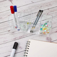 Ebern Designs Acrylic Pen Holder 4 Compartments,Clear Pen Holder Organizer Makeup Brush Holder for Office Desk