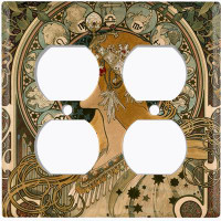 WorldAcc Metal Light Switch Plate Outlet Cover (Beautiful Art Nouveau Wisdom Girls - Double Duplex)
