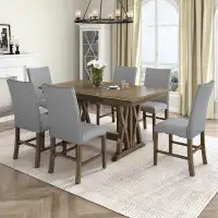 Rosalind Wheeler Mid-Century Solid Wood 7-Piece Dining Table Set Extendable Kitchen Table Set With Upholstered Chairs An