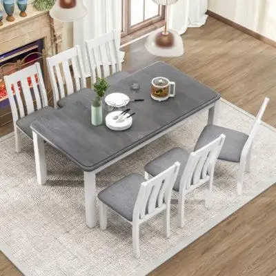Red Barrel Studio Retro Style 7-Piece Dining Table Set With Extendable Table And 6 Upholstered Chairs (Gray+White)