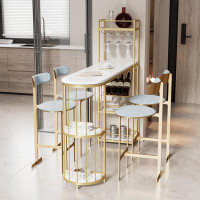 AmeriTop '' Modern White Kitchen Bar Height Dining Table With Gold Base, Shelves, Glass & Wine Rack