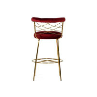 Benjara Cid 30 Inch Modern Fabric Bar Stool With Footrest, Low Open Backrest, Red