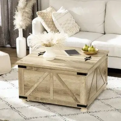 Wenty Farmhouse Coffee Table With Storage, Square Coffee Table For Living Room, Wooden Centre Table With Hinged Lift Top