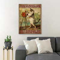 Trinx Cat And Camera - I Take Photographs, I Drink Gallery Wrapped Canvas - Animal Illustration Decor, Brown And Green B