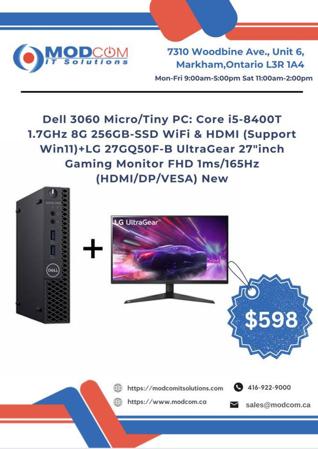 PC OFF LEASE Dell Optiplex 3060 Tiny PC, Core i5-8400T 8GB 256GB-SSD + NEW LG 27 UltraGear Gaming Monitor FOR SALE!!! in Desktop Computers