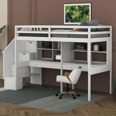 Harriet Bee Jaxstin Twin Size Loft Bed Frame with Storage Staircase and Double Desks and Shelves
