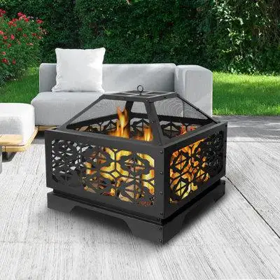 Winston Porter Minelva 23.5'' H x 26'' W Iron Outdoor Fire Pit with Lid
