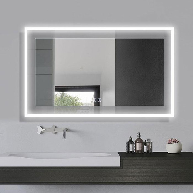 Front Framed LED Bathroom Mirror H=36 In ( W= 48 & 55 ) w Touch Button, Anti Fog, Dimmable, Vertical & Horiz Mount in Floors & Walls - Image 3