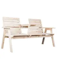 Union Rustic Cedar/Fir Log Wood Patio Garden Bench With Foldable Table, Outdoor Wooden Porch 3-Seat Bench Chair For Gard