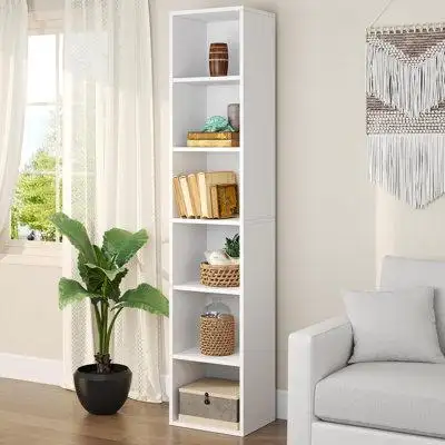 Latitude Run® Tall Narrow Bookshelf, 6-Tier Cube Display Rack, Modern Corner Bookshelf With Storage Space, Storage Cabin