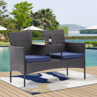 Winston Porter Outdoor Patio Loveseat Set,All Weather PE Rattan And Steel Frame Conversation Furniture With Built-In Cof