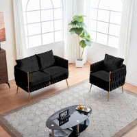 Everly Quinn Black Velvet Sofa Set: Handmade Woven Back Upholstered 1 Accent Chair And 1 Loveseat Sofa - Modern Furnitur
