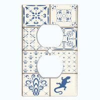 WorldAcc Metal Light Switch Plate Outlet Cover (Vintage Blue Tile White Elegant Pattern - Single Toggle)