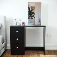 Ebern Designs Boahaus Omprakesh Black Vanity Desk With 3 Drawers, No Lights Add-On Included, Crystal Ball Knobs