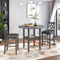 Ebern Designs Farmhouse 3 Piece Round Counter Height Kitchen Dining Table Set with Drop Leaf Table