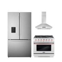 Cosmo Cosmo 3 Piece Kitchen Appliance Package with French Door Refrigerator , 36'' Gas Freestanding Range , and Island R