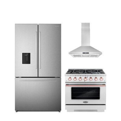 Cosmo Cosmo 3 Piece Kitchen Appliance Package with French Door Refrigerator , 36'' Gas Freestanding Range , and Island R in Refrigerators