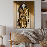 Everly Quinn High Fashion Model Sketch In Gold IX - Fashion Woman Print on Natural Pine Wood