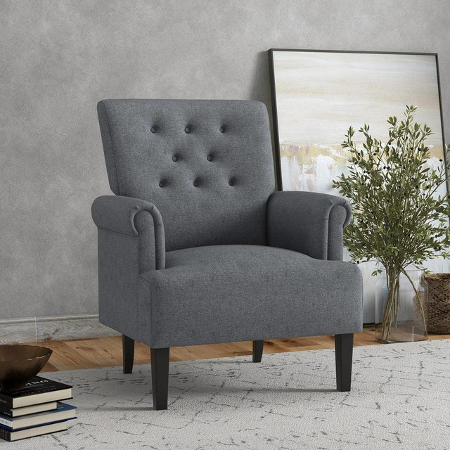 ARMCHAIR, FABRIC ACCENT CHAIR, MODERN LIVING ROOM CHAIR WITH WOOD LEGS AND ROLLED ARMS FOR BEDROOM, GREY in Chairs & Recliners - Image 2