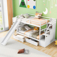 Harper Orchard Twin Over Twin Bunk Bed With Storage Staircase, Slide And Drawers, Desk With Drawers And Shelves, White