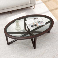 Wenty Modern Simple Glass Coffee Table, Tempered Glass Coffee Table Solid Wood Base Round Transparent Glass Top Modern L