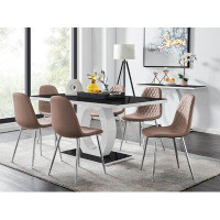 East Urban Home Scottsmoor Modern High Gloss Halo Dining Table & 6 Corona Luxury Faux Leather Dining Chairs