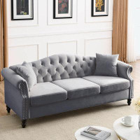 House of Hampton 79" Chesterfield Sofa Grey Velvet for Living Room, 3 Seater Sofa Tufted Couch