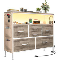 Ebern Designs Dresser for Bedroom with Power Outlets & LED Light, 6 Drawer Dresser TV Shelves, Greige Oak