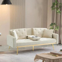 Everly Quinn Everly Quinn Convertible Futon Sofa With Cup Holders, Modern Velvet Folding Sleeper Sofa Couch, Beige