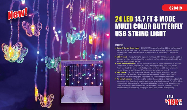NEW 24 LED 14.7 FT 8 MODE MULTI COLOR BUTTERFLY USB STRING LIGHT 828419 in Other in Grande Prairie
