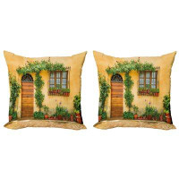 East Urban Home Ambesonne Italy Decorative Throw Pillow Case Pack Of 2, Porch Different Flowers Pots Fresh Plants City L