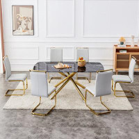 Mercer41 Large Modern Minimalist Rectangular Glass Dining Table with Fibre Imitation Marble Desktop and Metal Legs