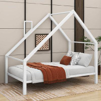Ebern Designs Metal House Platform Bed With Roof And Chimney