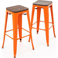 Williston Forge Williston Forge 30 Inch Metal Bar Stools With Square Wood Seat Top, Backless Stackable Industrial Barsto