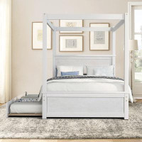 Latitude Run® Retro Chic Designed Full Size Wooden Canopy Platform Bed With Trundle Bed, With Built-In Headboard And Foo