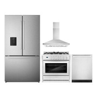 Cosmo 4 Piece Kitchen Package With 36" Freestanding Gas Range 36" Wall Mount Range Hood 24" Built-In Fully Integrated Di