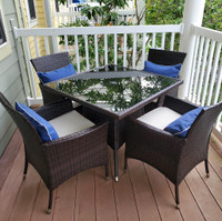 Outdoor Dining Set Patio Wicker Armchair Chairs Glass Table Umbrella