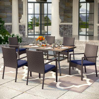 Lark Manor Arlane 7 Pcs Outdoor Dining Set For 6, Wood Top Metal Dining Table & Cushioned Rattan Chairs, Dining Furnitur